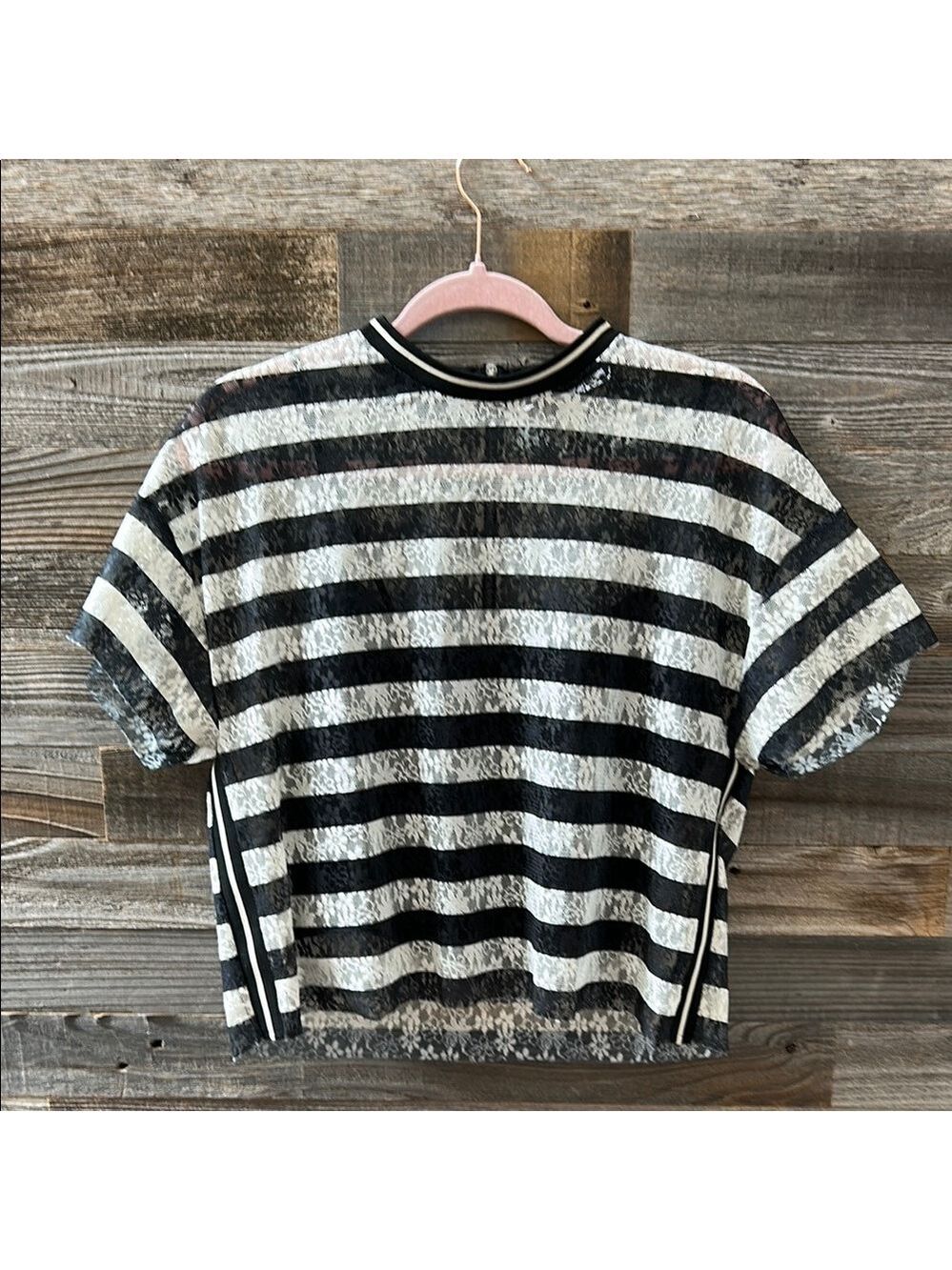 Zara Black and White Stripe Floral Lace Semi Sheer Top Size Small - Picture 1 of 8
